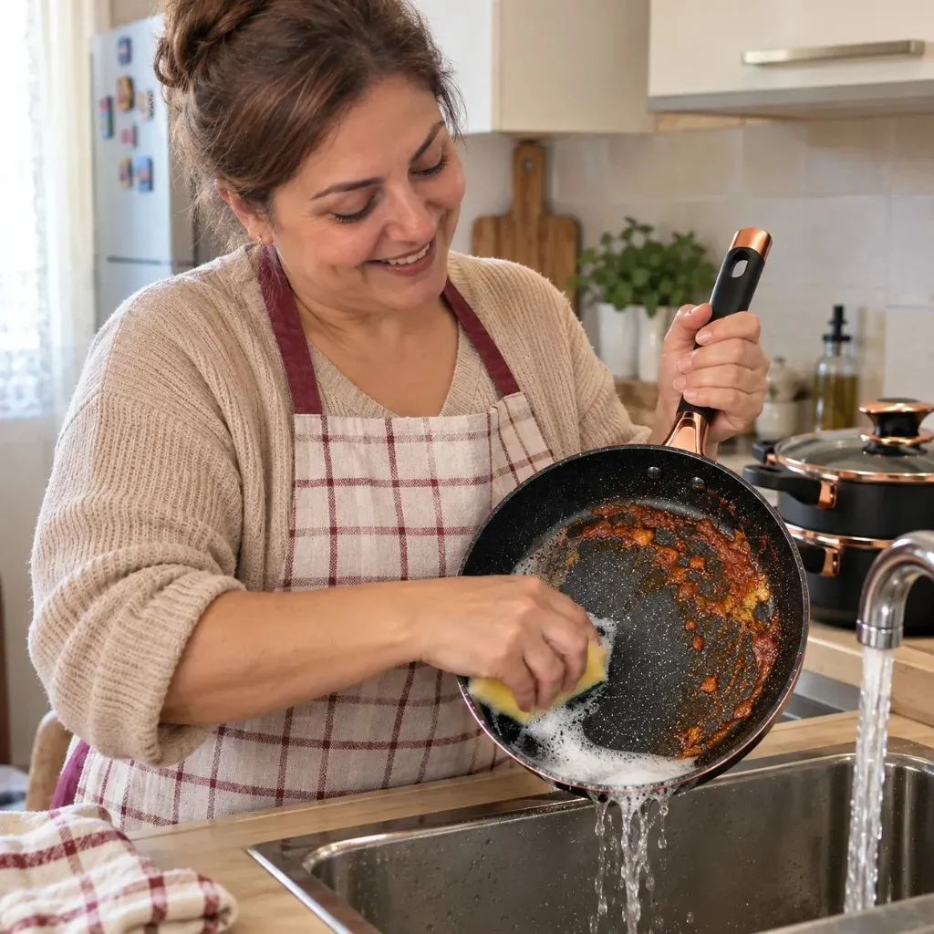La padella AURELIA™ si lava sotto l’acqua con la spugna morbida, senza raschiare