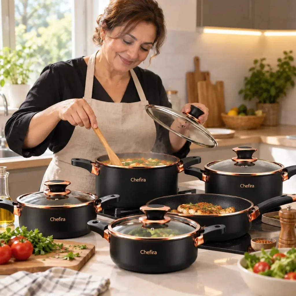 Una donna cucina al piano con la casseruola e la padella AURELIA™